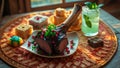 Delicious Tomahawk Steak with Pomegranate and Herbs, Festive Table Setting Royalty Free Stock Photo