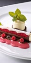 A unique treat: white and dark chocolate cannelloni with delicate mascarpone mousse and fresh raspberries Royalty Free Stock Photo