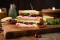 gourmet turkey and cranberry sandwich on a patterned wooden board