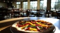 Gourmet Veggie Pizza in Sunlit Restaurant Setting Royalty Free Stock Photo