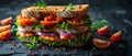 Gourmet Veggie Sandwich Delight on Dark Backdrop. Concept Food Photography, Vegetarian Cuisine,