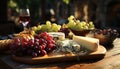 Gourmet wine, fruit snack, table wood, French culture generated by AI