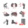 Gout. Symptoms, Treatment. Flat icons set. Vector signs for web graphics.