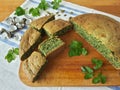 Goutweed ginger green cake on plate, organic food