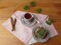 Goutweed green ginger cake on plate, organic food
