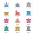 Government building icons set of police museum library theater isolated flat design Vector Royalty Free Stock Photo