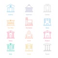 Government building icons set of police museum library theater isolated flat design Vector Royalty Free Stock Photo