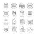 Government buildings lined signs. Firehouse and courthouse, library city bank outline icons