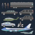 Government car vector presidential auto plane and luxury business transportation with police car illustration set of