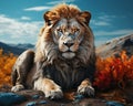 government efforts to protect endangered lions, flat design front view nature reserve 3D render Split-complementary color scheme