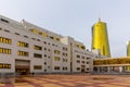 Government House buildings with golden glass facade and windows and golden towers, Nur Sultan, Kazakhstan.