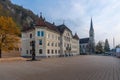 Government House of Liechtenstein Regierungsgebaude and St Florin Cathedral - Vaduz, Liechtenstein Royalty Free Stock Photo