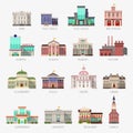 Government houses. Municipal office bank, buildings hospital school university police station library city exterior flat Royalty Free Stock Photo