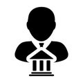 Government icon vector with male person profile avatar with building symbol for political and governance in glyph pictogram