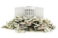 Government relief concept. White house sitting on top of a huge pile of money to be distributed to the population Royalty Free Stock Photo