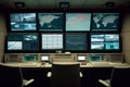 government surveillance room, with monitors displaying live feeds from security cameras in airports and public places