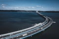 Aerial view of New York bridge spanning the Hudson River