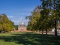 The Governor\'s Palace with lawn in front and a clear blue sky above in historic colonial Williamsburg, Virginia Royalty Free Stock Photo