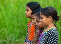 Selective focus on girls smiling. Rules of third or line shot of young girls standing