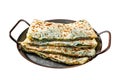 Gozleme Turkish flatbread with greens and cheese. Isolated on white background. Top view.