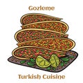 Gozleme is Turkish pastry. Freshly baked appetizing Turkish tortillas Gozleme with with feta cheese. Turkish cuisine