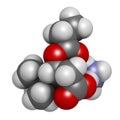 GPLC (glycine propionyl-L-carnitine) nutritional supplement molecule. 3D rendering. Atoms are represented as spheres with