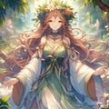 A gprgeous anime earth goddess, wearing flowy robes, cute face, forest environment, digital anime art, cartoon, video games