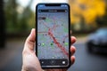 GPS app on phone, aiding car travel with a detailed map Royalty Free Stock Photo
