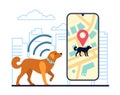 GPS collar on dog to track city location. Smartphone app. Urban map. Pets geolocation. Puppy direction monitoring