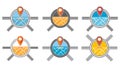 Gps geolocation. Road map pin icon set. Place marker. Transportation navigation. Delivery location pointer. Destination pinpoint