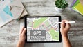 GPS Global positioning system tracking map on device screen. Royalty Free Stock Photo