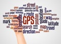 GPS - Global Positioning System word cloud and hand with marker concept Royalty Free Stock Photo