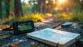 GPS and Map for Forest Exploration at Sunset Royalty Free Stock Photo