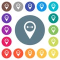 GPS map location distance flat white icons on round color backgrounds