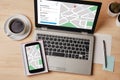 GPS map navigation app on laptop and smartphone screen. Location