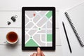 GPS map navigation app on tablet screen. Location tracker concept