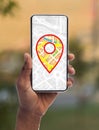 Gps Maps App With Pinpoint Icon Opened On Smartphone In Female Hand Royalty Free Stock Photo