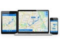 Gps navigation app interface on multiple devices isolated on white background Royalty Free Stock Photo