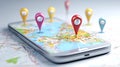 Gps navigation app on smartphone showing location pins Royalty Free Stock Photo