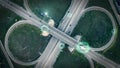 GPS navigation and autonomous driverless transportation concept. Aerial view of transport junction with cars and trucks