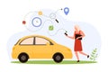 GPS navigation for car road travel in mobile app, tiny woman holding phone to navigate
