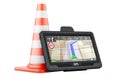 GPS navigation device with traffic cone, 3D rendering Royalty Free Stock Photo