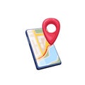 GPS navigation in mobile map app, phone with red pin showing city roads, direction Royalty Free Stock Photo