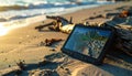 GPS Navigation on a Sandy Beach at Sunset Royalty Free Stock Photo