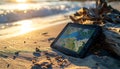 GPS Navigation Tablet on a Beach at Sunset Royalty Free Stock Photo