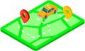 Gps navigation, tracking with app for vehicles. Car on map of area with marks, routes for automobile