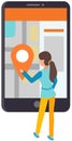 Gps navigation, tracking with mobile application. Person looking at map of area with marks