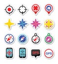 GPS navigation, wind rose, compass icons set Royalty Free Stock Photo