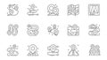 GPS navigator icons set in outline stroke design for web. Pack line pictograms with route with location points, pins