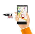 GPS phone navigation - mobile gps and tracking concept. Hand holding a mobile phone with city map